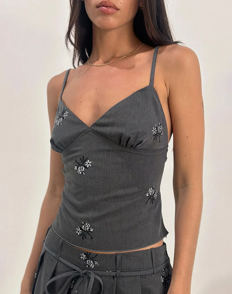 Madira Top in Floral Embroidery Tailoring Charcoal (Top Madira en broderie florale)