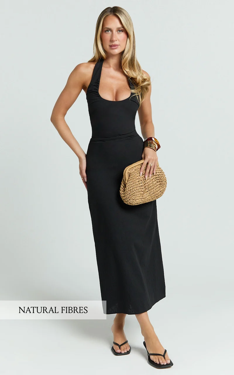 Murray Midi Dress - Deep U Halter Neck Dress in Black