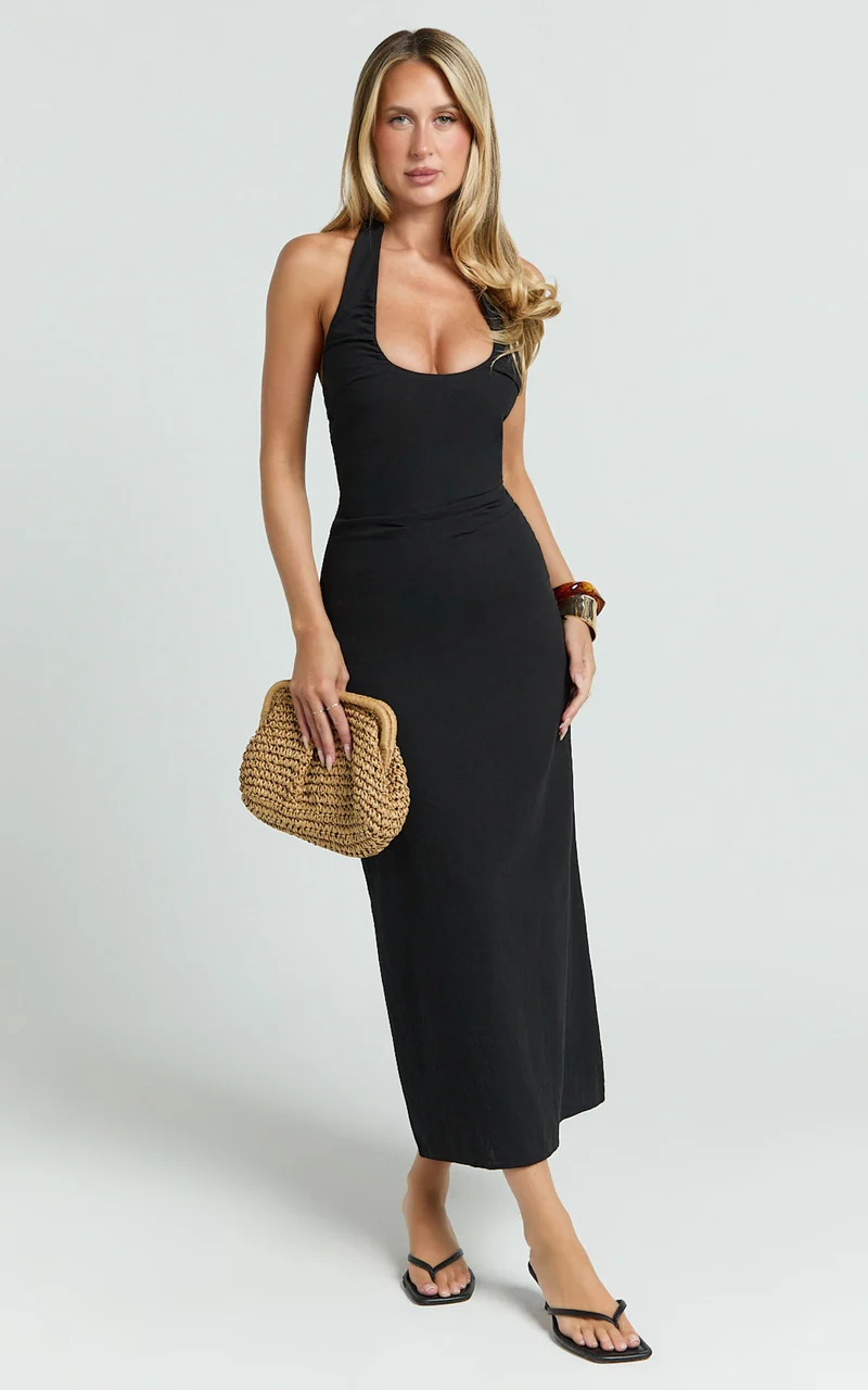 Murray Midi Dress - Deep U Halter Neck Dress in Black