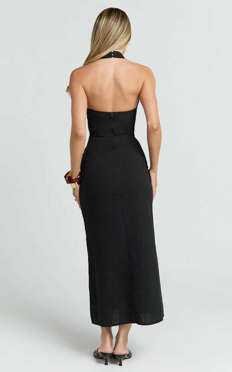 Murray Midi Dress - Deep U Halter Neck Dress in Black