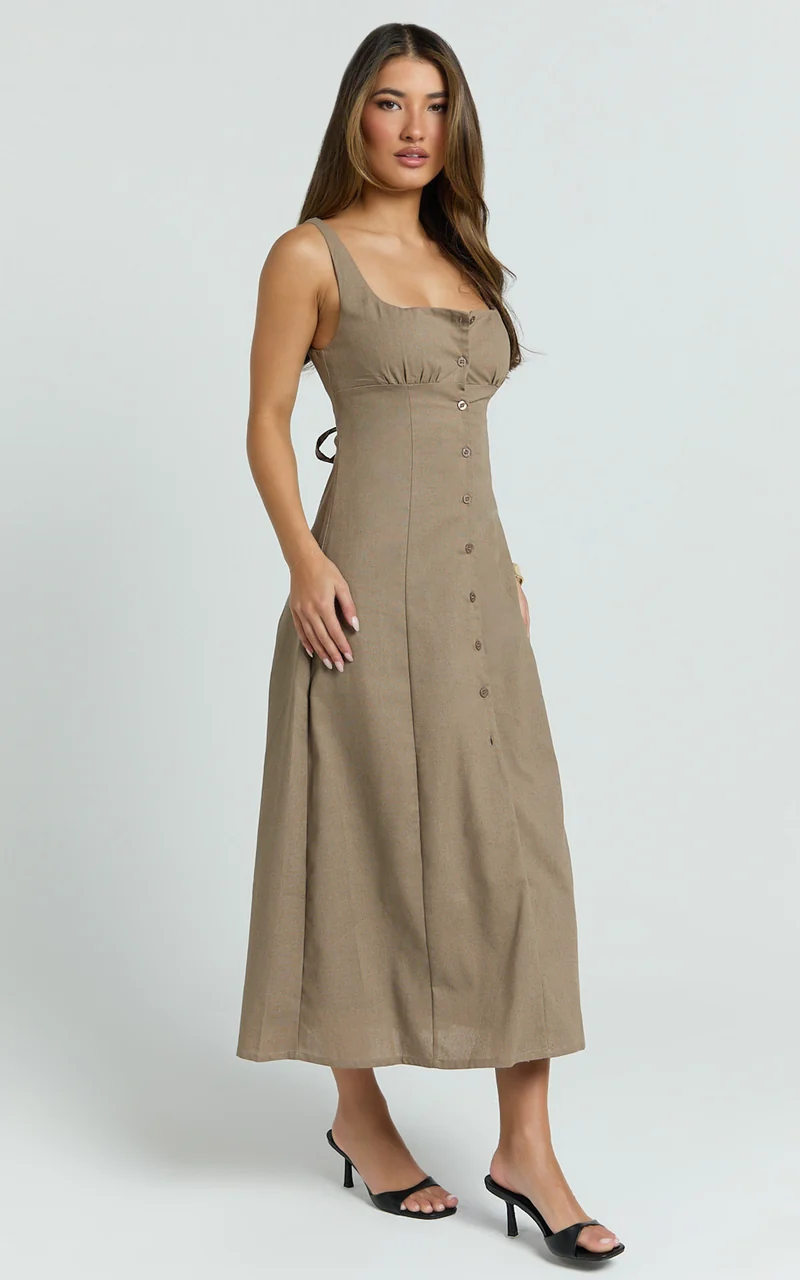 Cameron Midi Dress - Button Front Tie Back Dress in Mocha