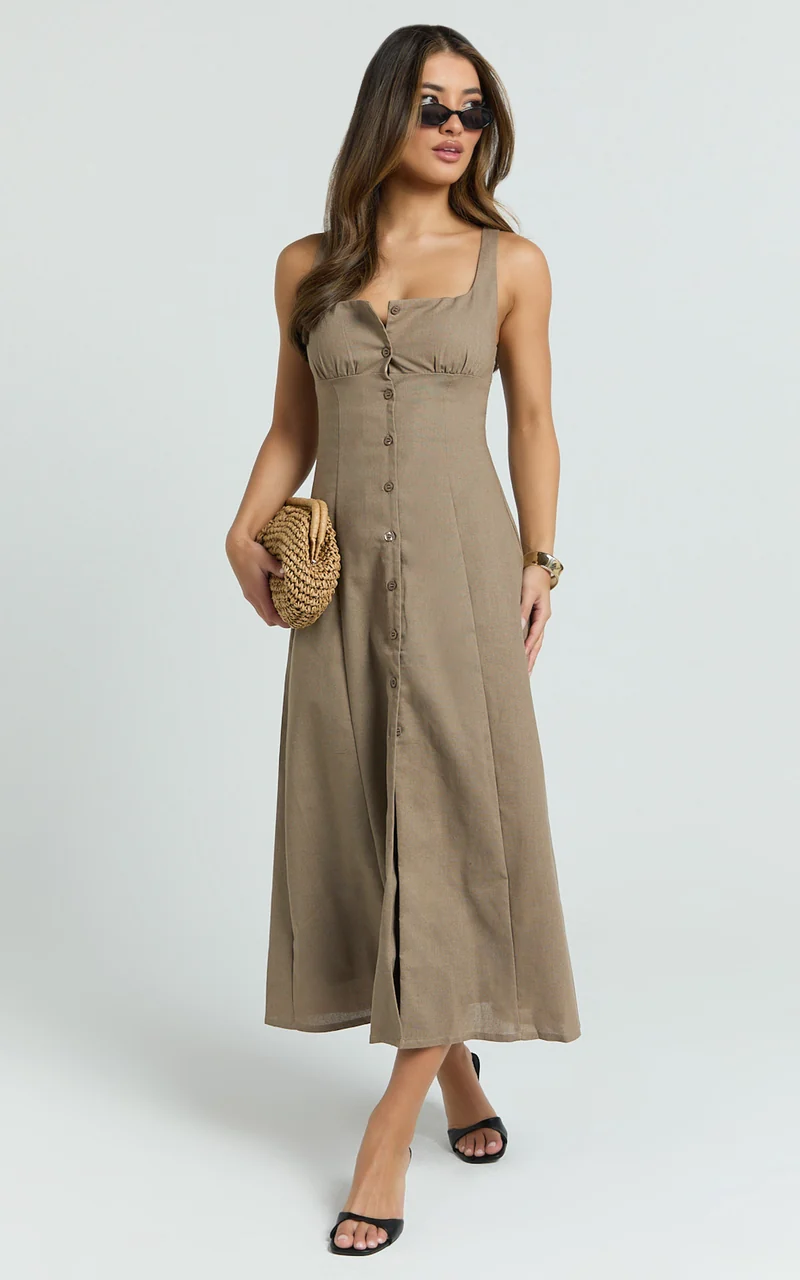 Cameron Midi Dress - Button Front Tie Back Dress in Mocha