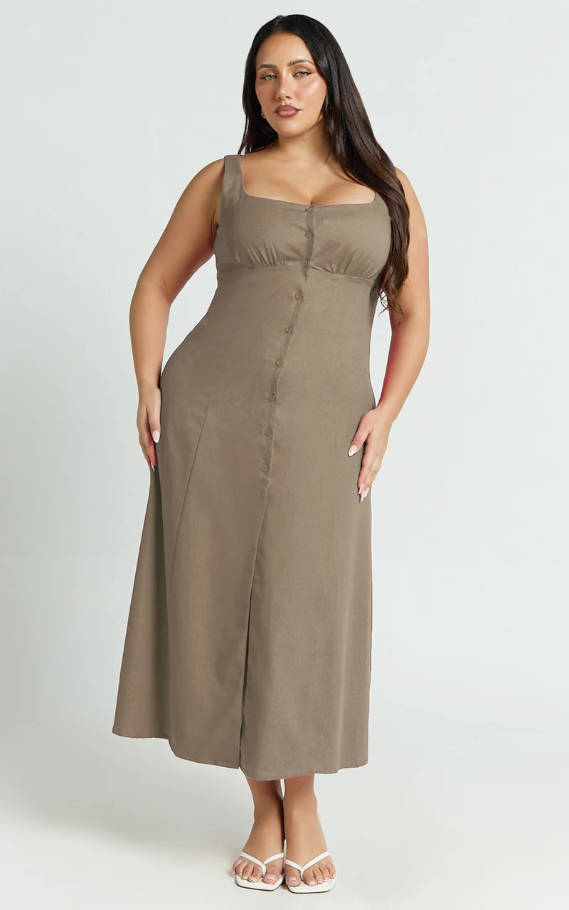 Cameron Midi Dress - Button Front Tie Back Dress in Mocha
