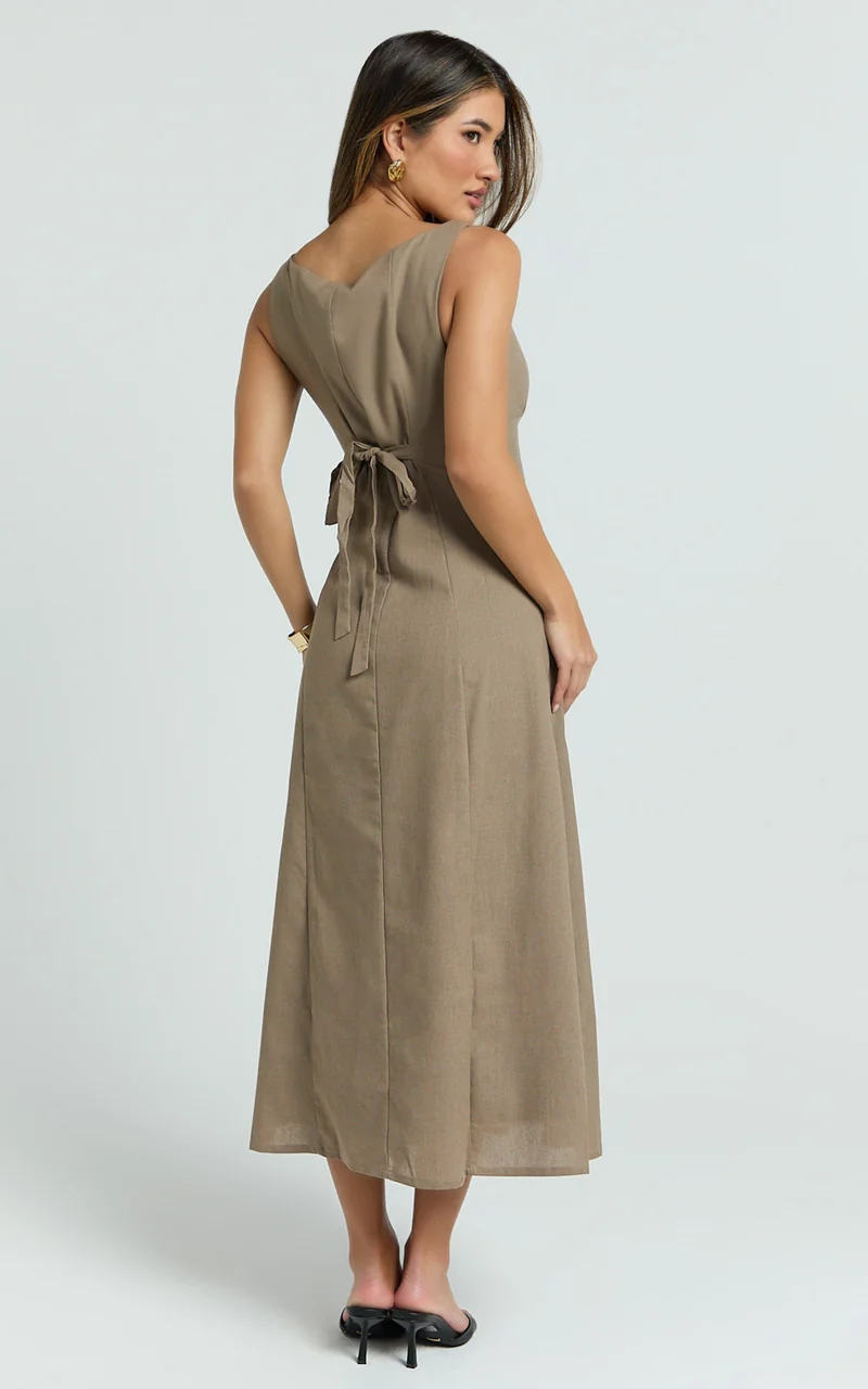 Cameron Midi Dress - Button Front Tie Back Dress in Mocha