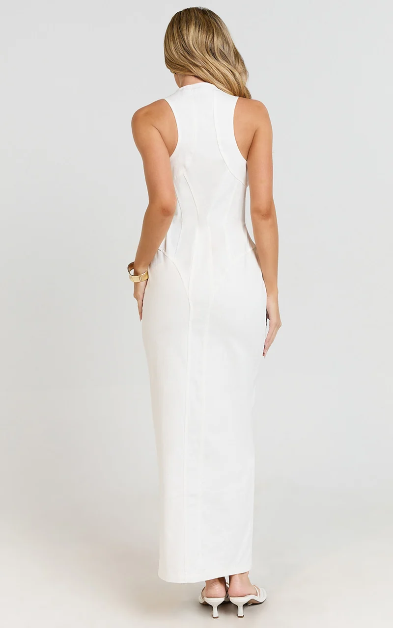 Maisy Midi Dress - Scoop Neck Racer Back Fitted Dress in White