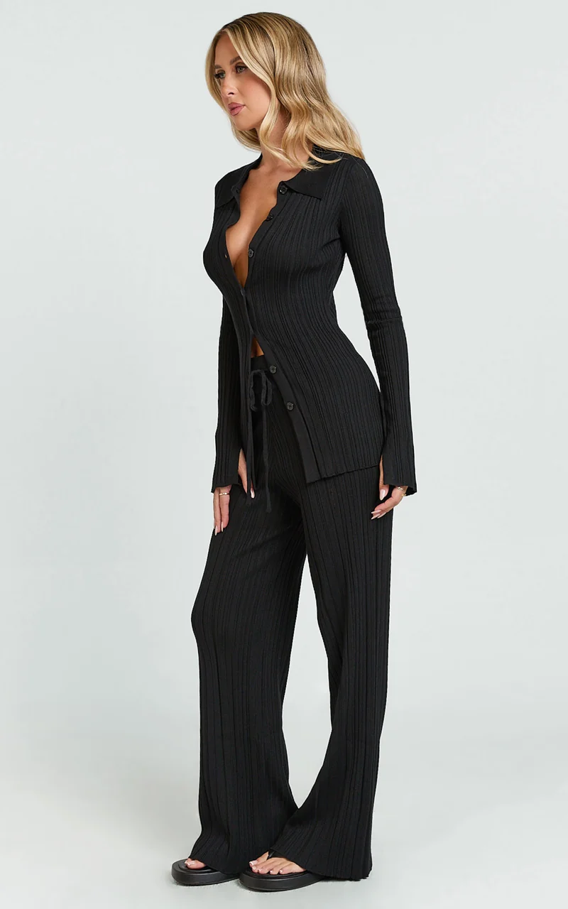 Kelsey Top - Button Through Long Sleeve Knit Top in Black