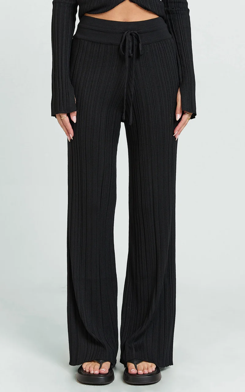 Kelsey Pants - High Drawstring Waist Knit Pants in Black