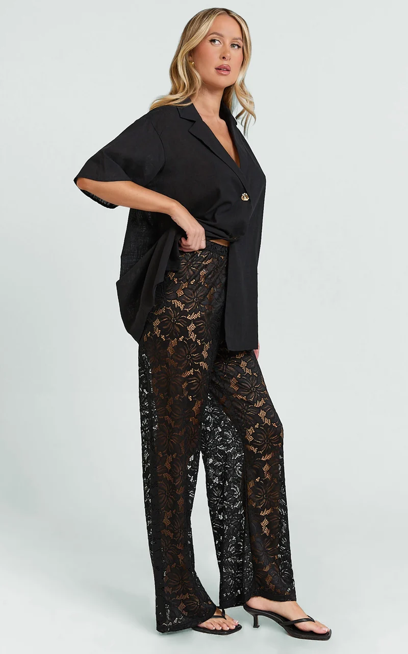Jemma Two Piece Set - Relaxed Shirt and Lace Pants Set in Black