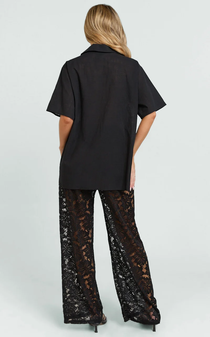 Jemma Two Piece Set - Relaxed Shirt and Lace Pants Set in Black