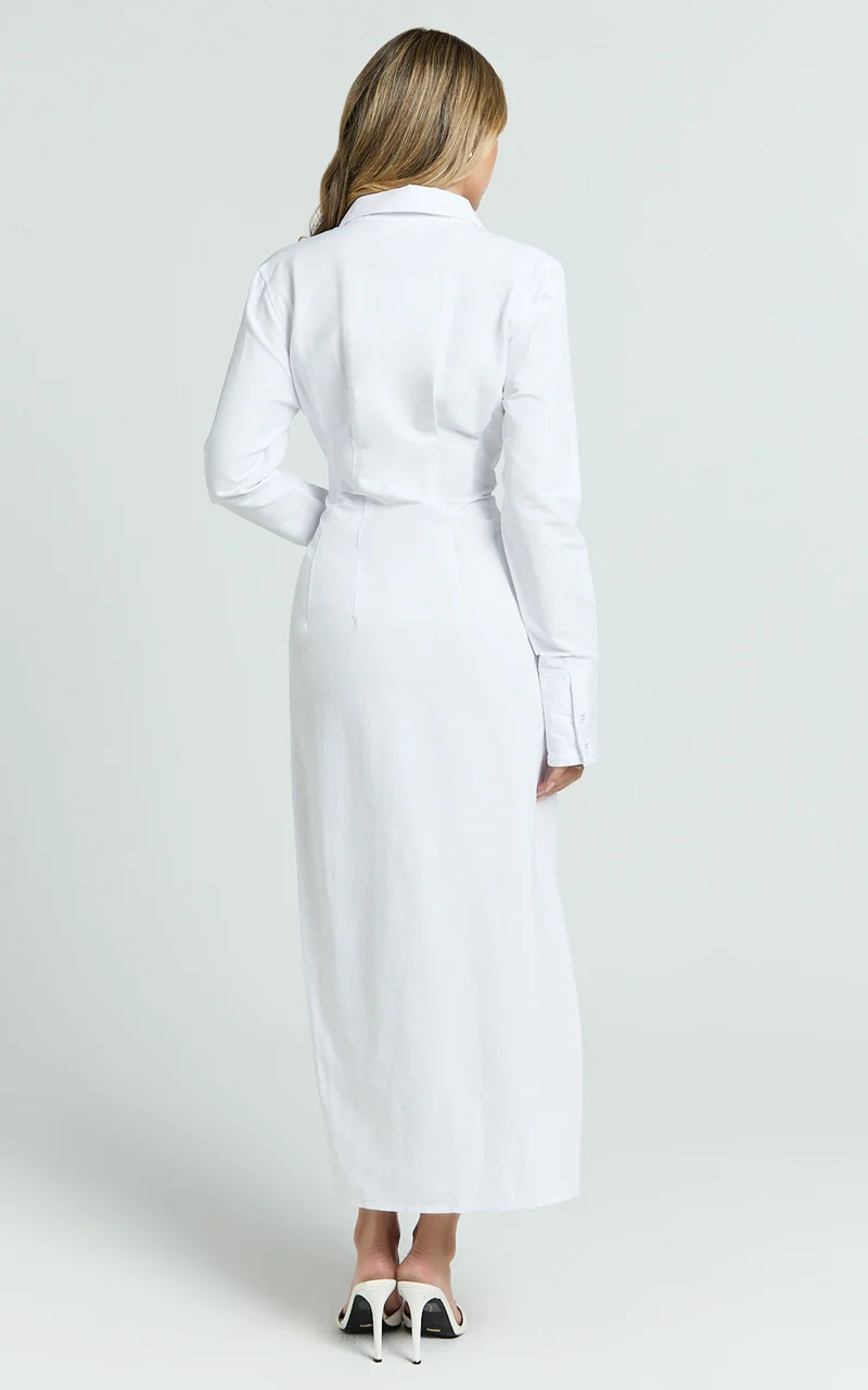 Genevieve Midi Dress - Slim Shirt Dress in White