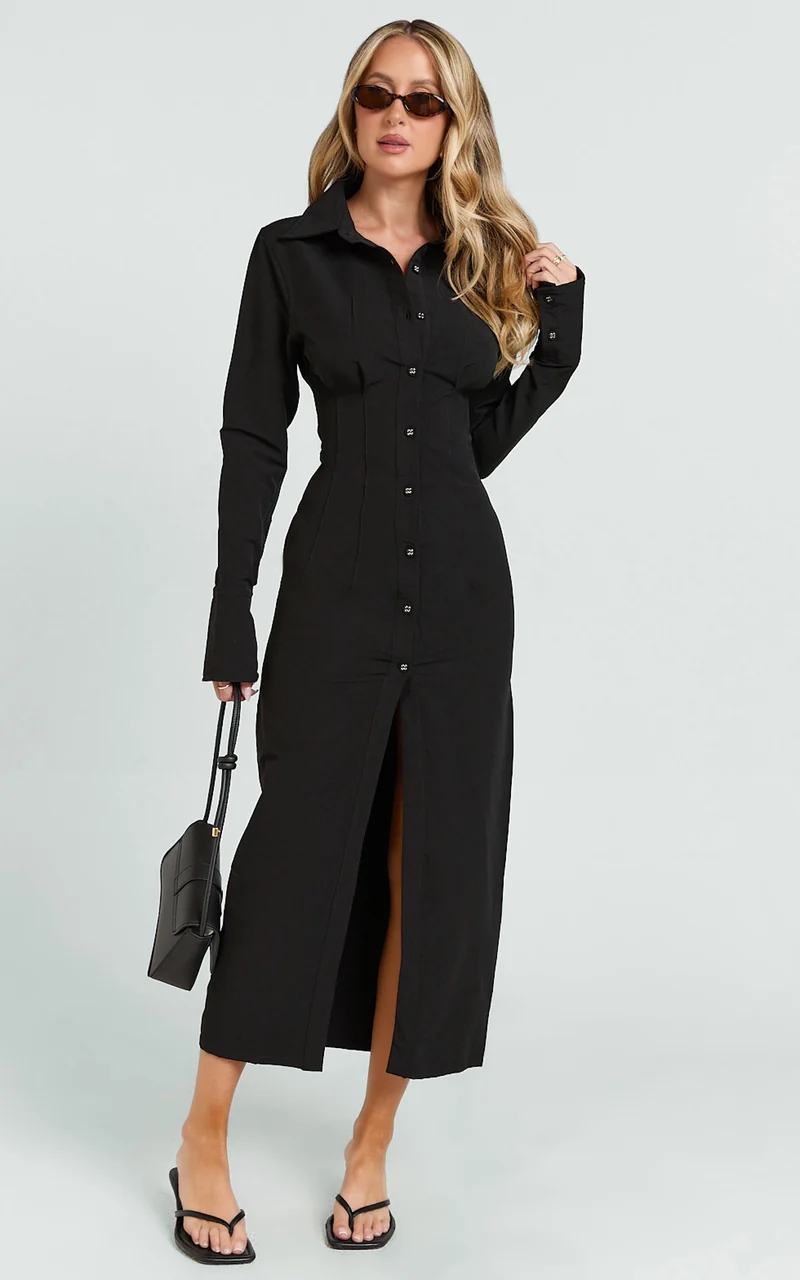 Genevieve Midi Dress - Slim Shirt Dress in Black