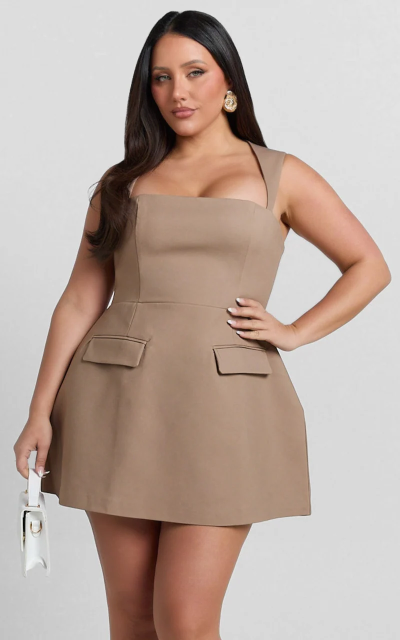 Garrett Mini Dress - Square Neck Fit And Flare Dress in Mocha