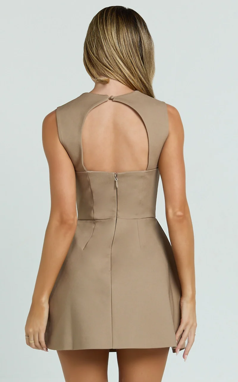Garrett Mini Dress - Square Neck Fit And Flare Dress in Mocha