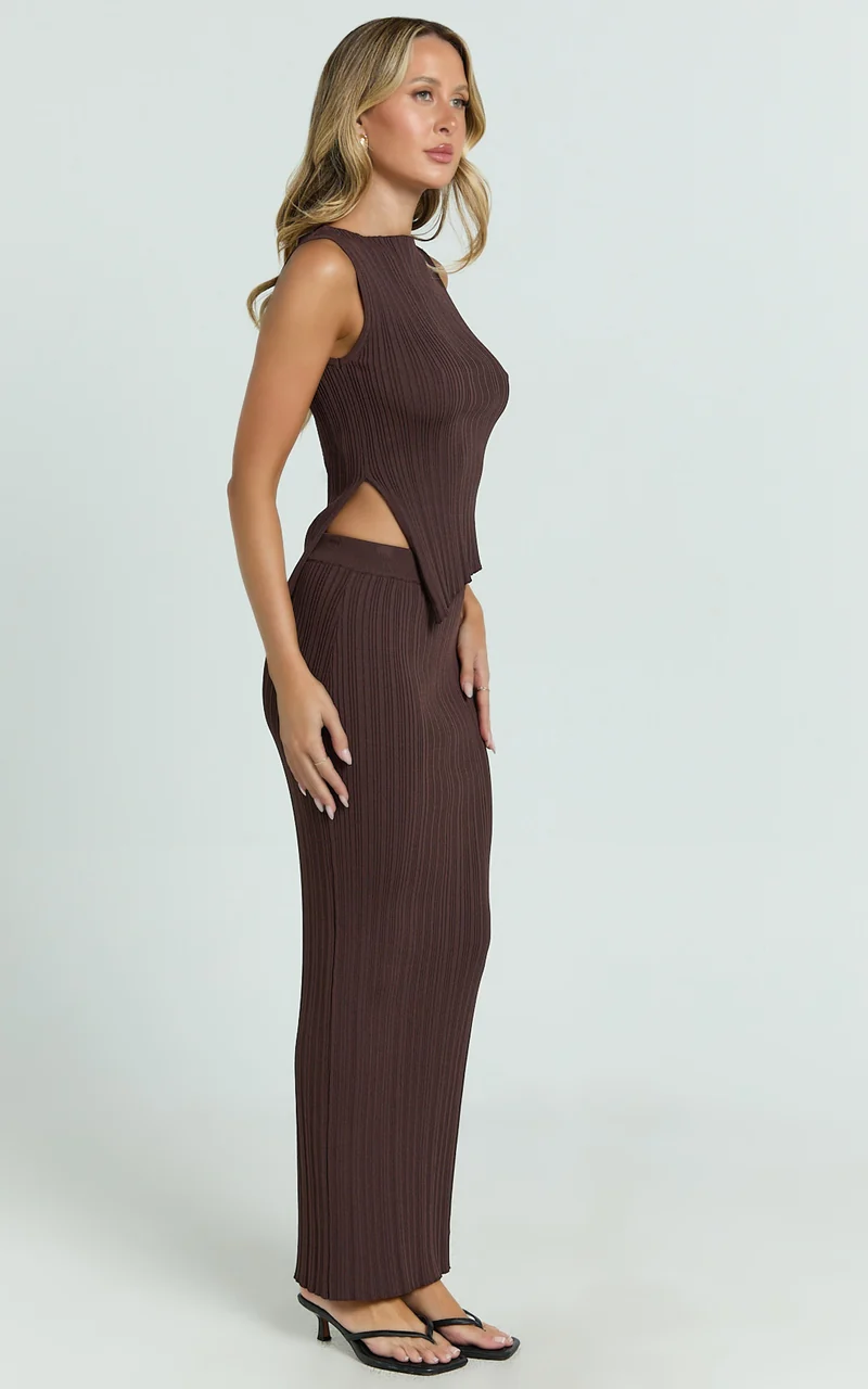 Klarisse Two Piece Top and Skirt Set - Asym Top and Maxi Skirt Set in Chocolate