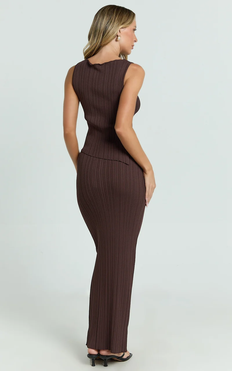 Klarisse Two Piece Top and Skirt Set - Asym Top and Maxi Skirt Set in Chocolate