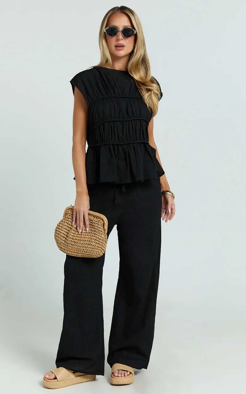Auric Two Piece Set - Ruched Detail Top and Wide Leg Pants Set in Black