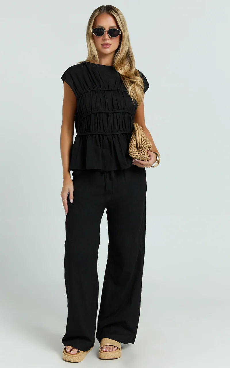 Auric Two Piece Set - Ruched Detail Top and Wide Leg Pants Set in Black