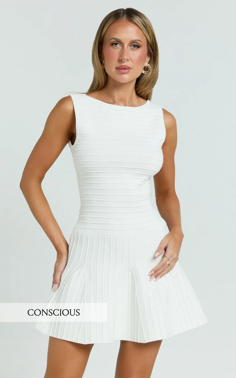Jacqueline Mini Dress - High Neck Fit And Flare Pleat Knit Dress in Cream