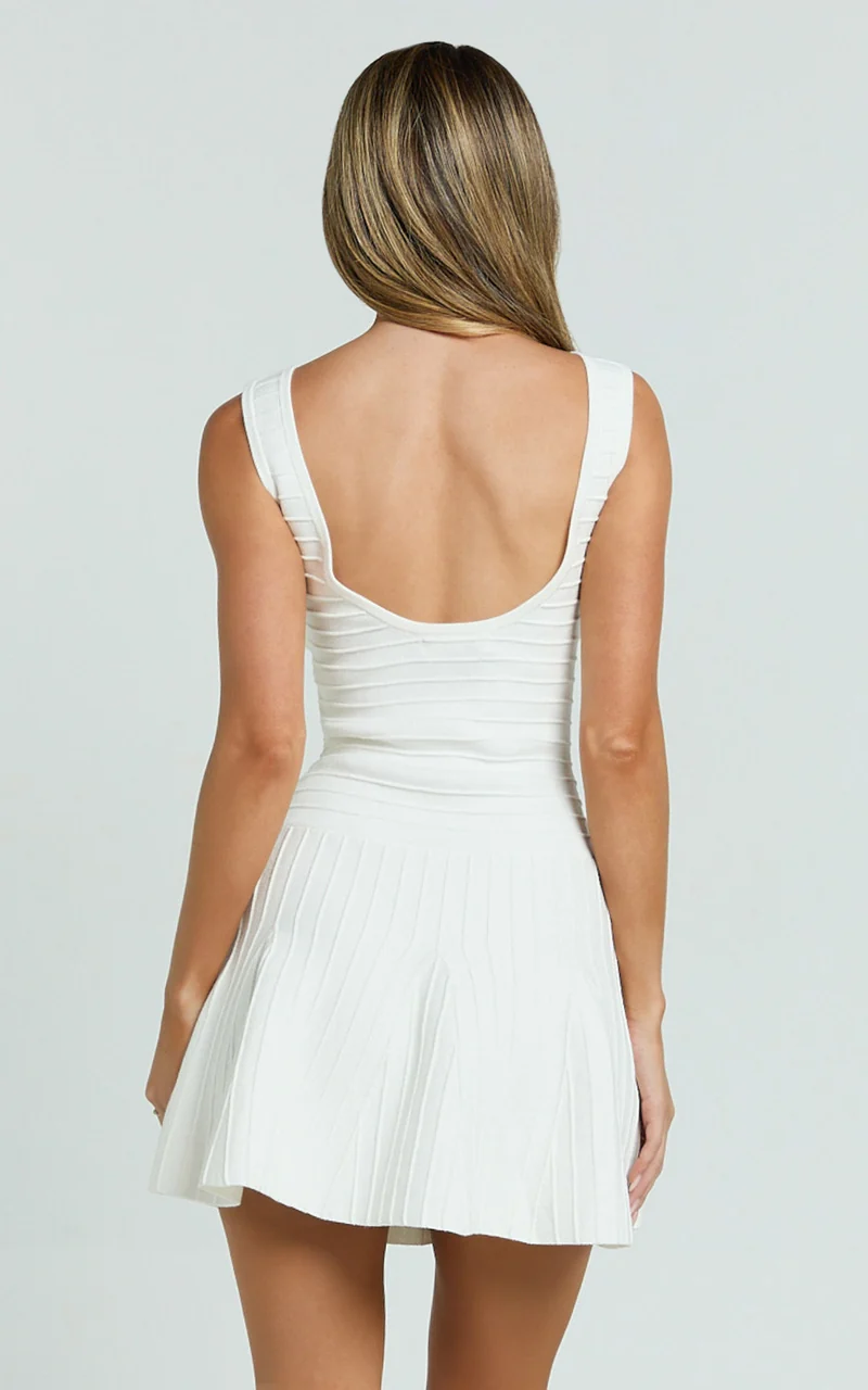 Jacqueline Mini Dress - High Neck Fit And Flare Pleat Knit Dress in Cream