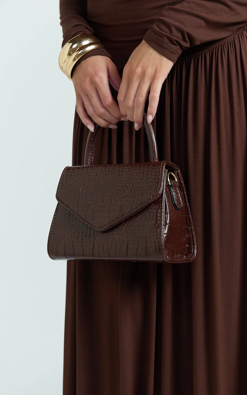 Marilou Bag - Croc Embossed Top Handle Crossbody Bag in Brown
