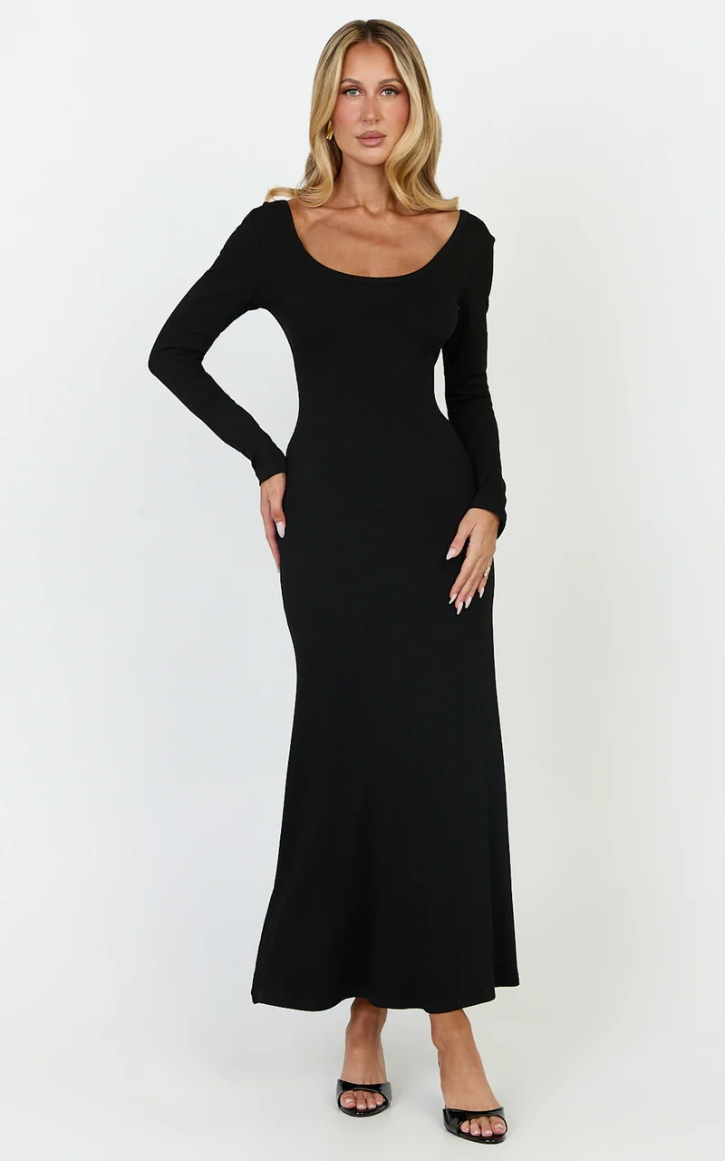 Gabriella Maxi Dress - Long Sleeve Scoop Neck Dress in Black
