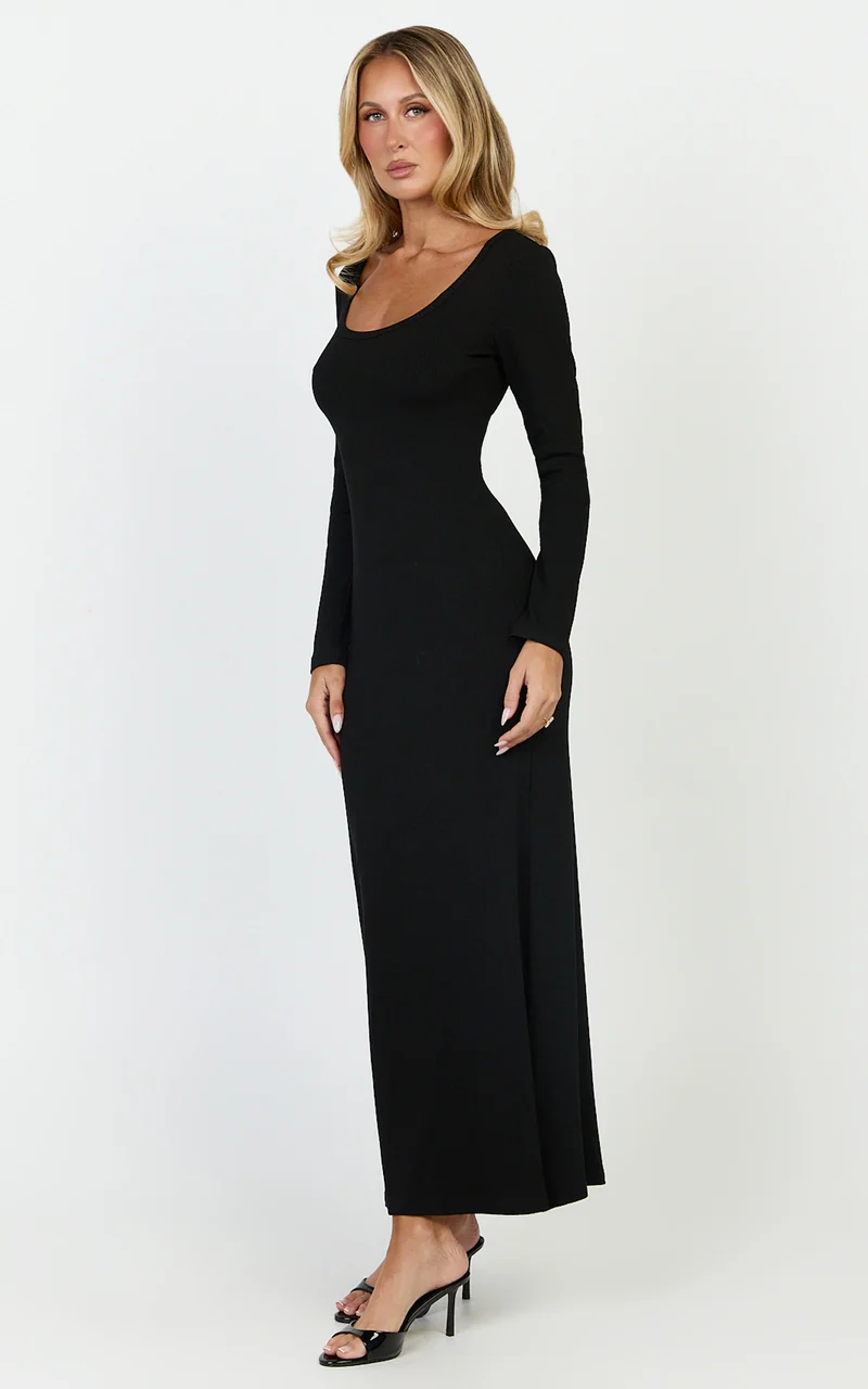 Gabriella Maxi Dress - Long Sleeve Scoop Neck Dress in Black