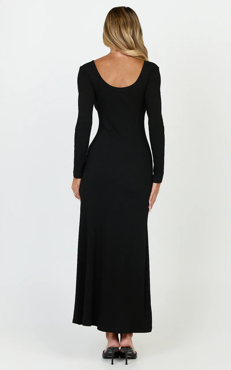 Gabriella Maxi Dress - Long Sleeve Scoop Neck Dress in Black