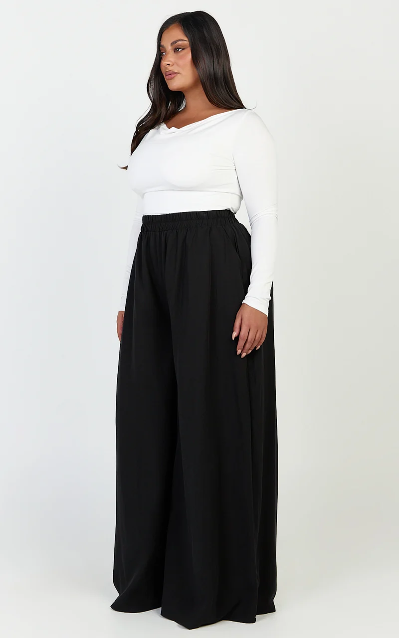 Cardi Pants - High Waist Elastic Wide Leg Pants in Black