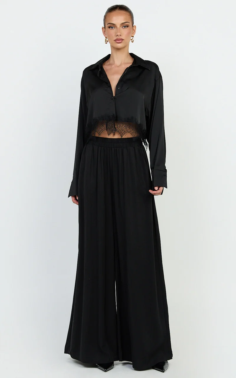 Cardi Pants - High Waist Elastic Wide Leg Pants in Black