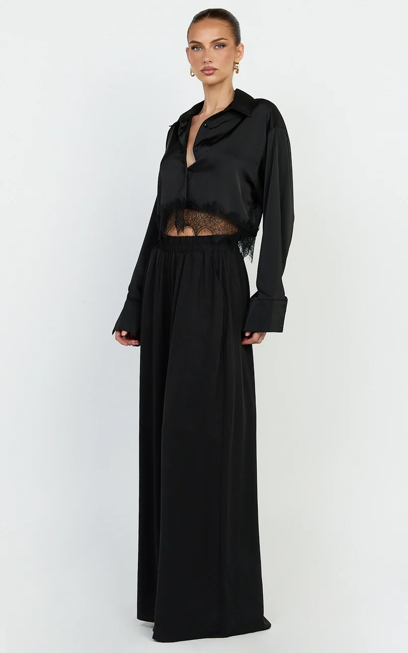 Cardi Pants - High Waist Elastic Wide Leg Pants in Black