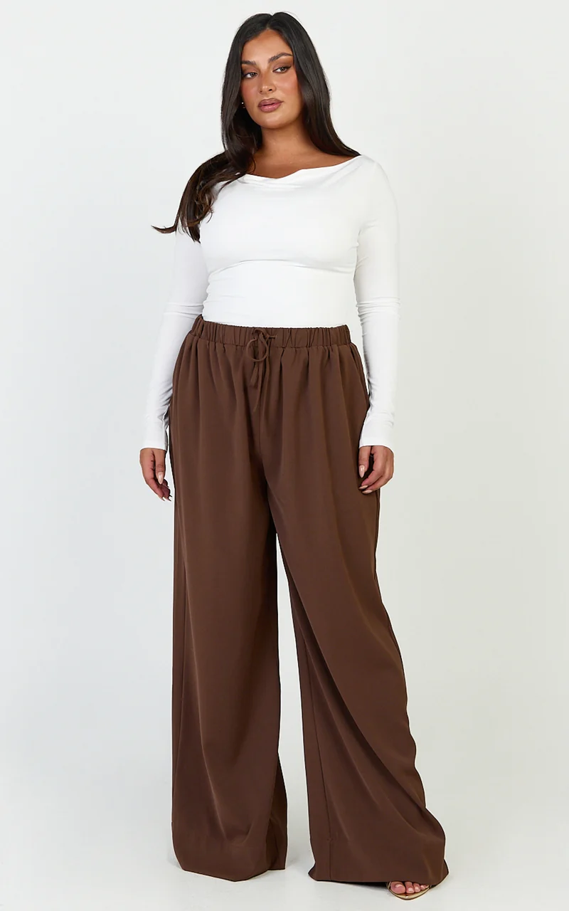 Nicole Pants - High Waist Elasticated Gathered Waist Wide Leg Pants in Mocha