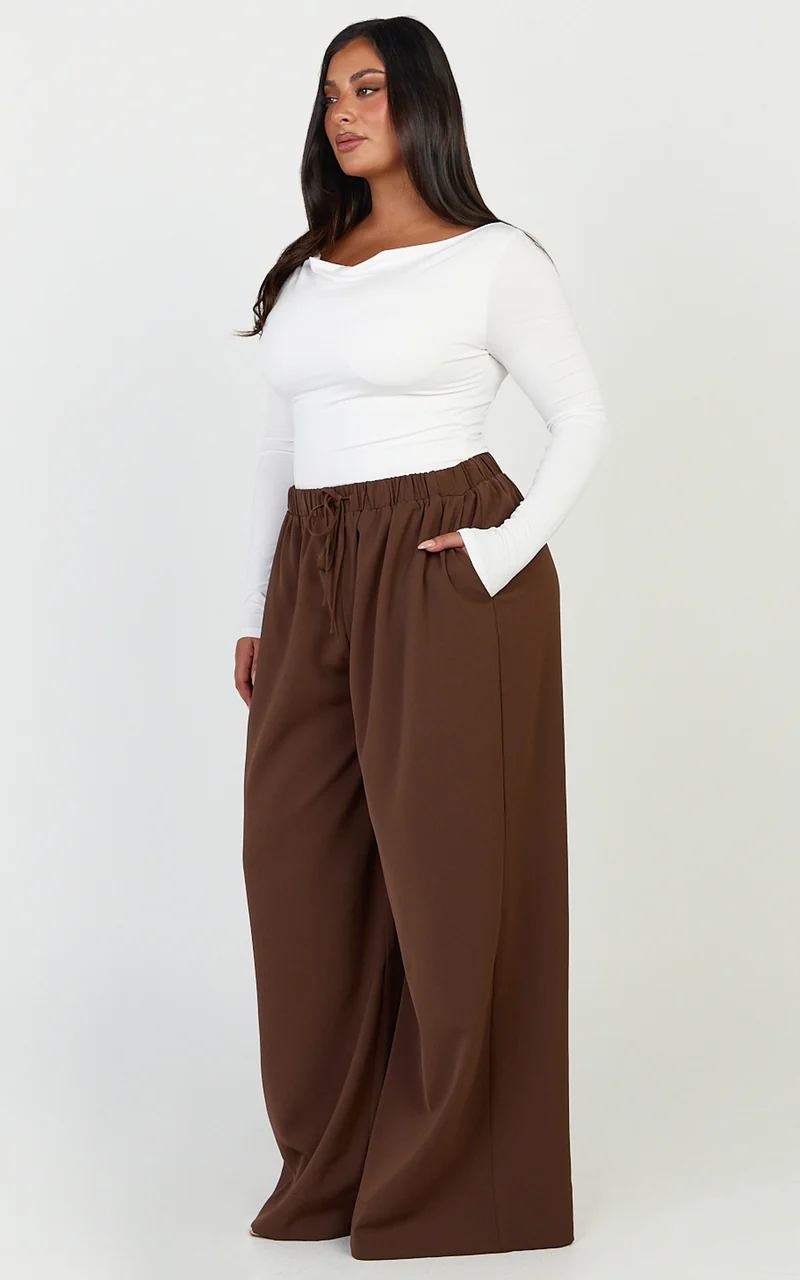 Nicole Pants - High Waist Elasticated Gathered Waist Wide Leg Pants in Mocha