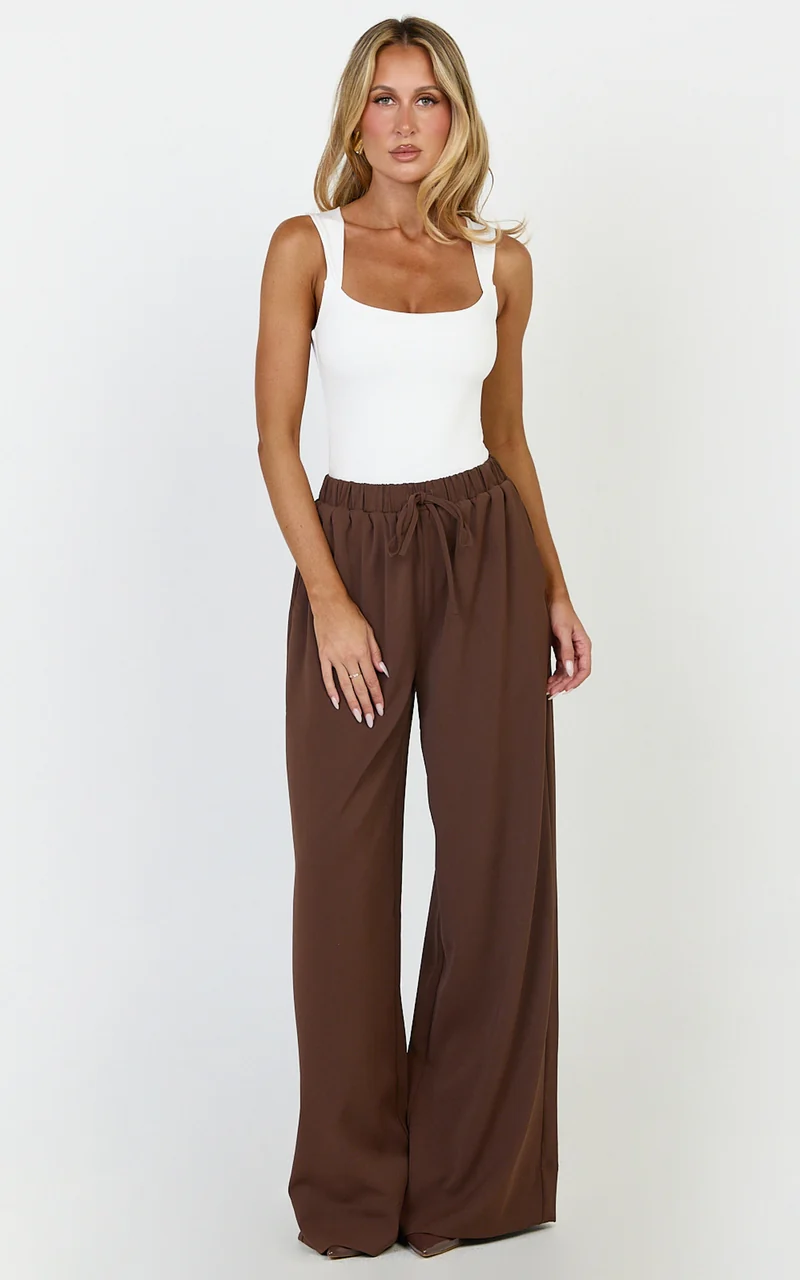 Nicole Pants - High Waist Elasticated Gathered Waist Wide Leg Pants in Mocha