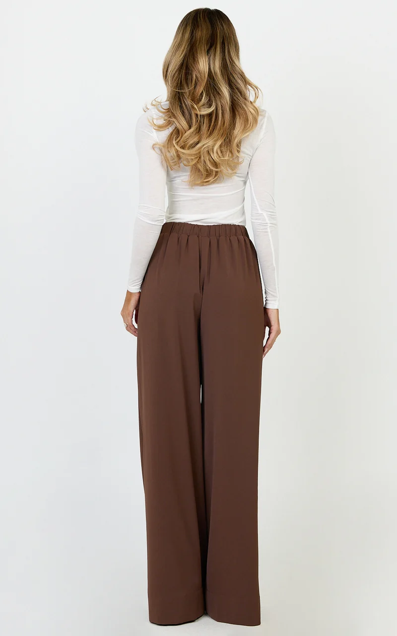Nicole Pants - High Waist Elasticated Gathered Waist Wide Leg Pants in Mocha
