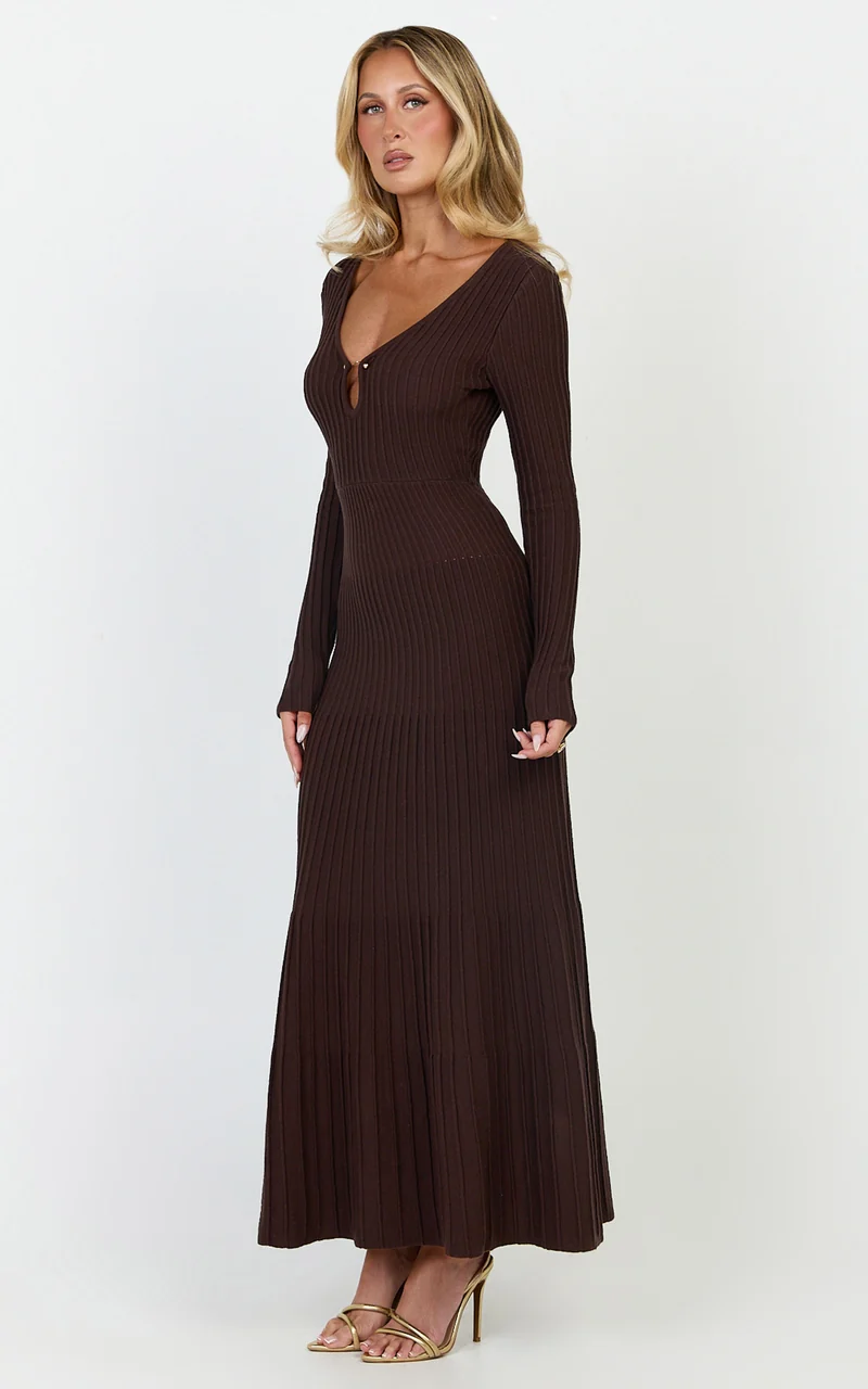 Maris Midi Dress - Keyhole and Hardware Neckline Long Sleeve Flared Dress in Choc