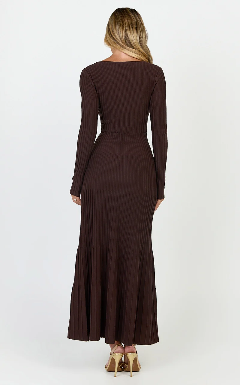 Maris Midi Dress - Keyhole and Hardware Neckline Long Sleeve Flared Dress in Choc
