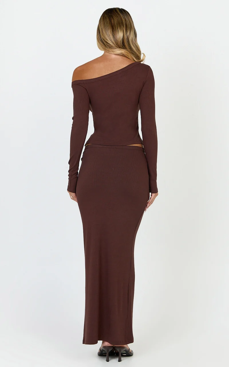 Lulu Two Piece Top and Skirt Set - Asymmetrical Button Detail Top And Maxi Skirt Set in Chocolate