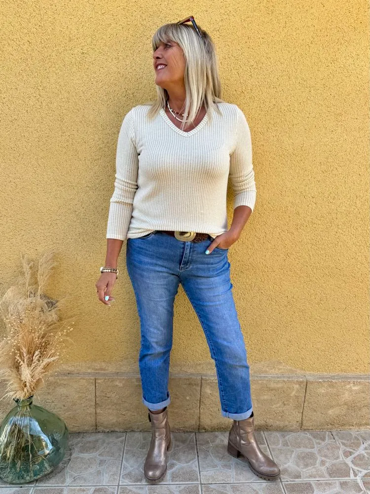Pull fin Luigi beige et doré