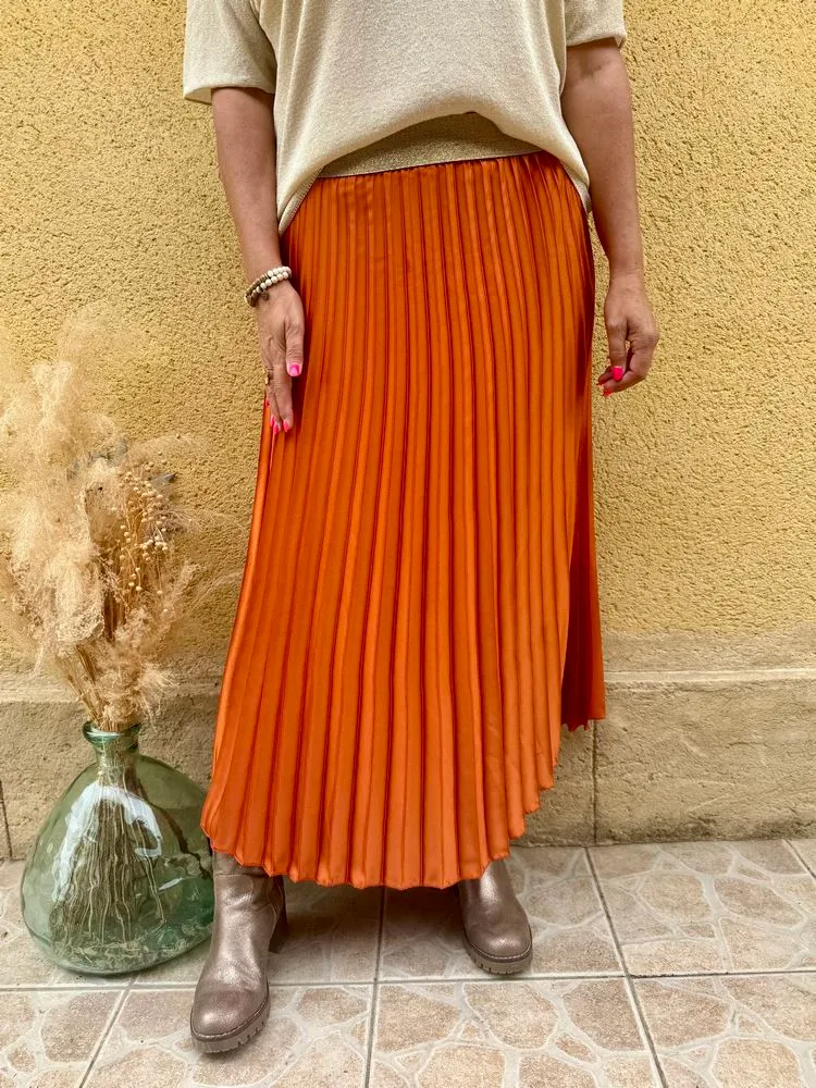 Jupe plissée satinée Jaya brique orangé