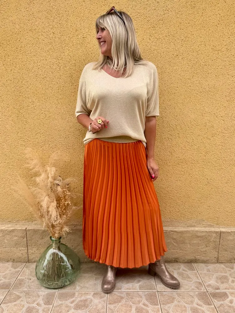 Jupe plissée satinée Jaya brique orangé