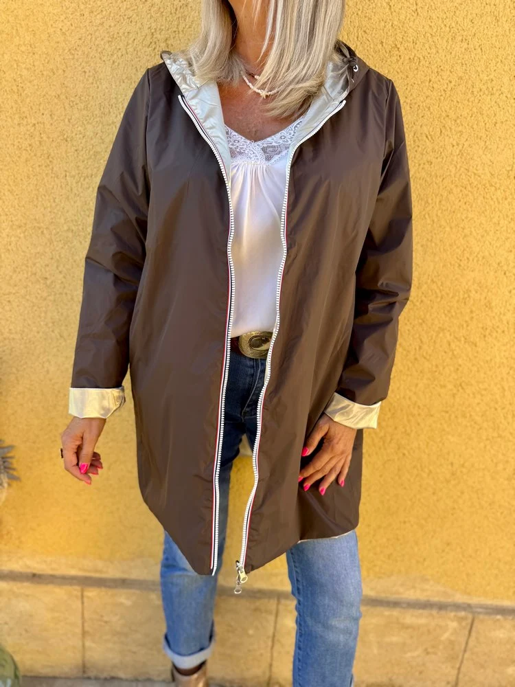 Veste imperméable Laura réversible longue choco et doré