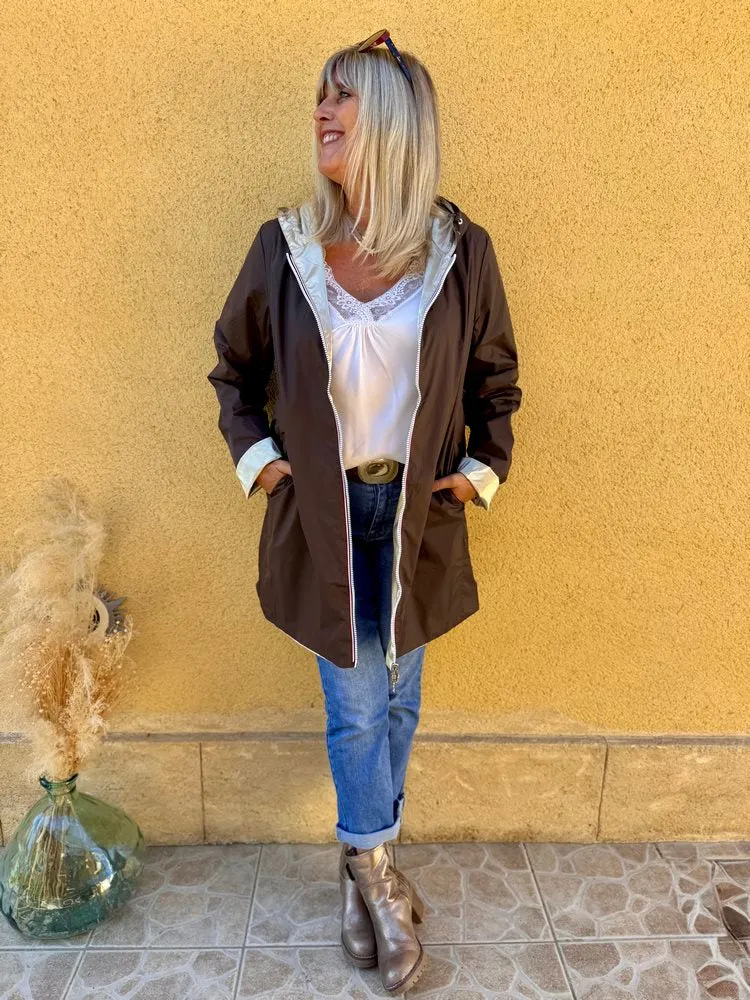 Veste imperméable Laura réversible longue choco et doré