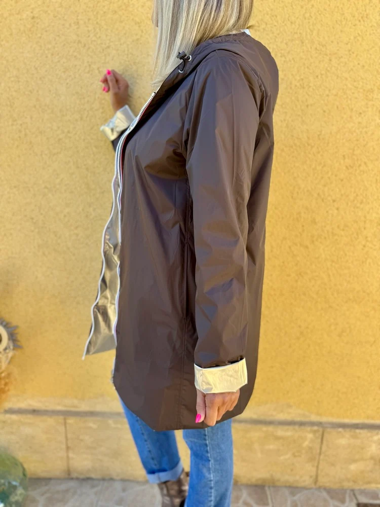 Veste imperméable Laura réversible longue choco et doré