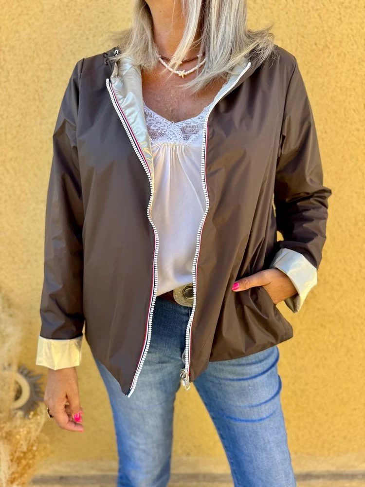 Veste imperméable Laura réversible courte choco et doré