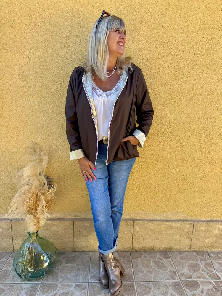 Veste imperméable Laura réversible courte choco et doré