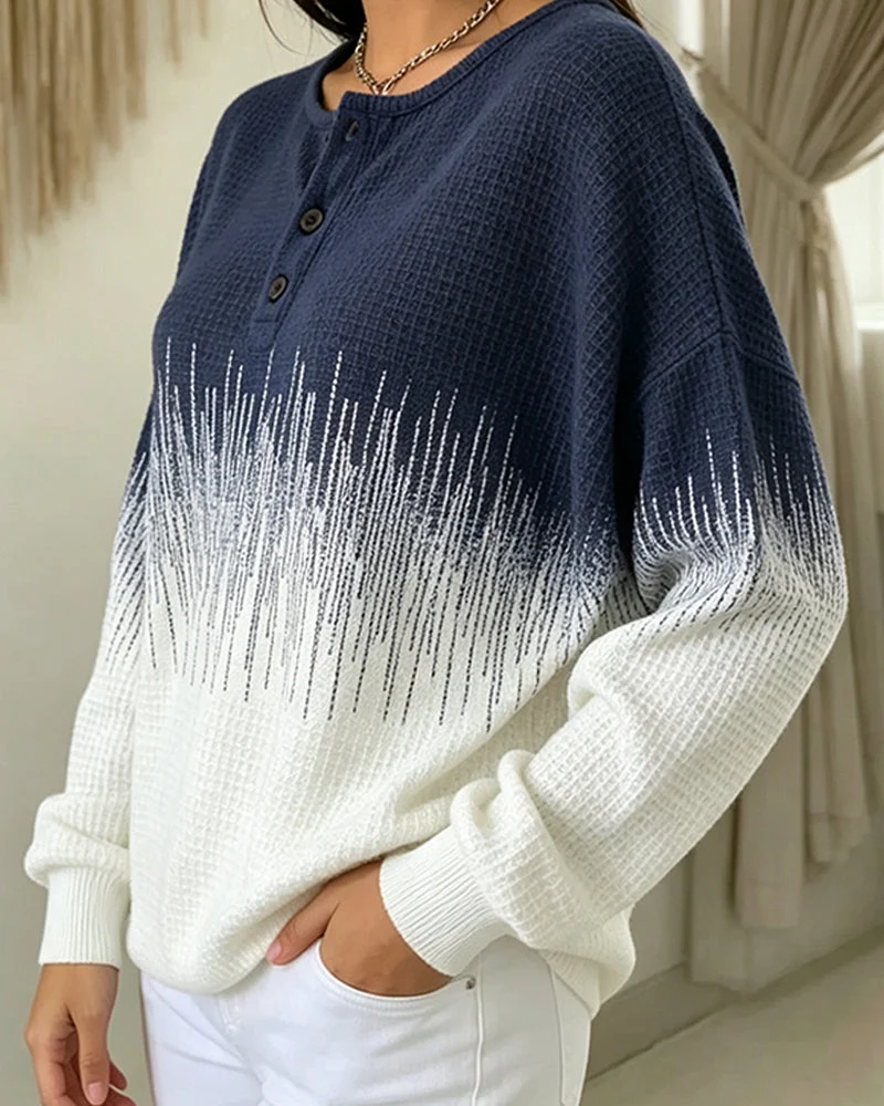 Sweatshirt Col Rond Bouton Tricot Gaufré Bloc De Couleur