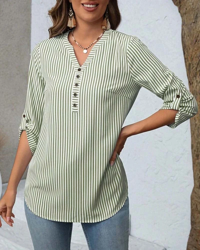 Chemise Rayée Ample À Col V Boutonnée