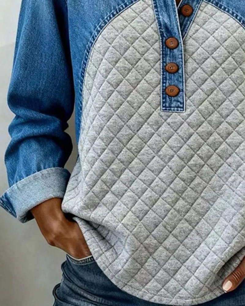 Sweatshirt Denim Patchwork Élégant