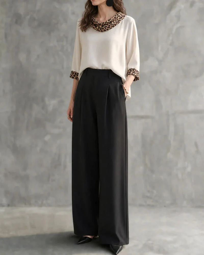 Blouse Léopard Panneau Col Drapé Manche Coude