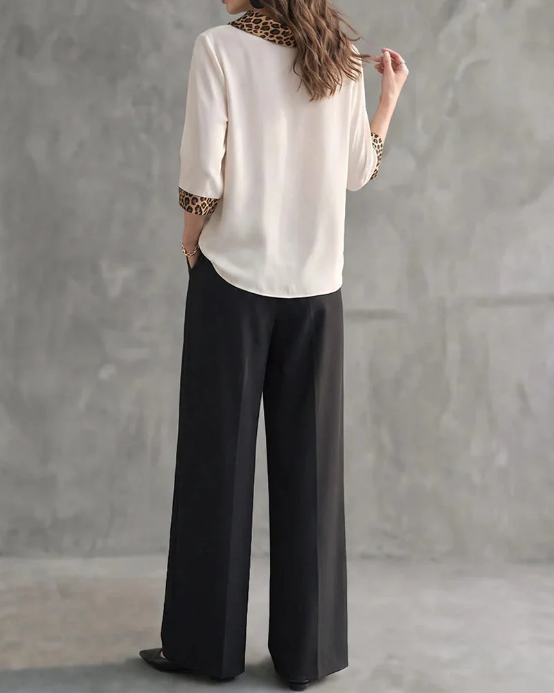 Blouse Léopard Panneau Col Drapé Manche Coude